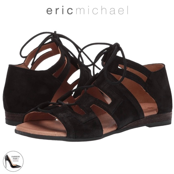 Eric Michael Ellie Black Leather Suede Lace up Sandals Flat Heel Boho Shoes 40 - Picture 1 of 11
